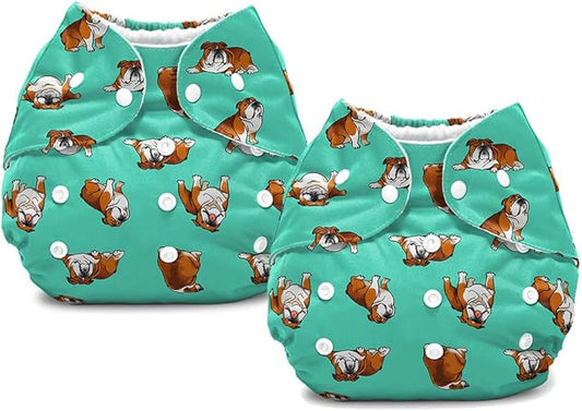 WIRESTER Set of 2 Baby Cloth Diaper One Size Adjustable Washable Reusable Cloth Pocket Diaper for Baby - English Bulldog Funny Playful Postures