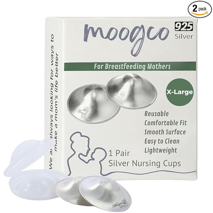 MOOGCO The Original Silver Nursing Cups - Nipple Shields for Nursing Newborn - Breastfeeding Essentials - Newborn Essentials Must Haves - Nipple Covers Breastfeeding - 925 Silver (X-Large)