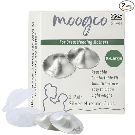 MOOGCO The Original Silver Nursing Cups - Nipple Shields for Nursing Newborn - Breastfeeding Essentials - Newborn Essentials Must Haves - Nipple Covers Breastfeeding - 925 Silver (X-Large)