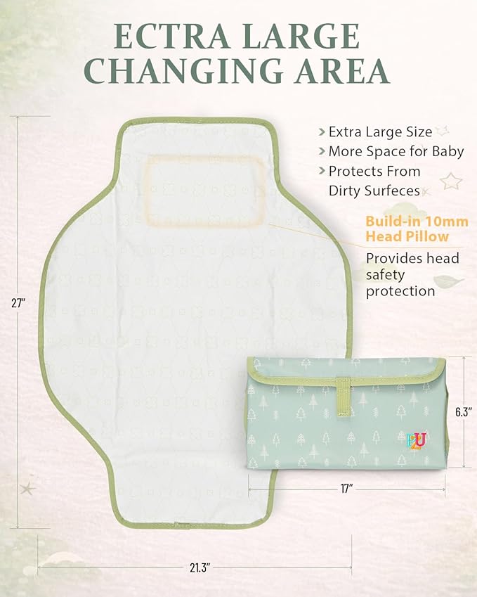 PZU Portable Diaper Changing Pad - Waterproof Travel Changing Mat with Built-in Pillow, Gifts for Baby Shower, Newborn Girls & Boys（Green Forest）