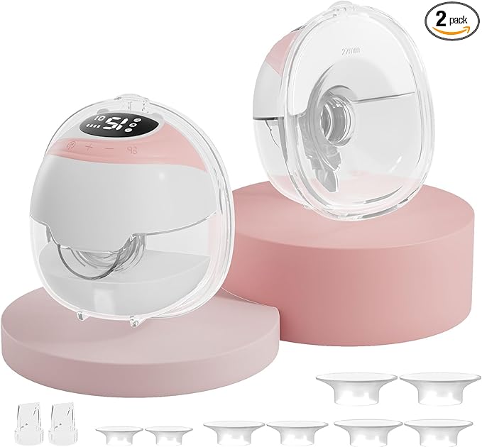 Hands-Free Wearable Electric Breast Pump, 3 Modes &15 Levels,320mmHg Strong Suction,Double-Sealed Leak-Proof Flange for Baby-Like Comfort,18/20/22/24mm Adjustable Flange, Pink 2-Pack Breast Pump Set