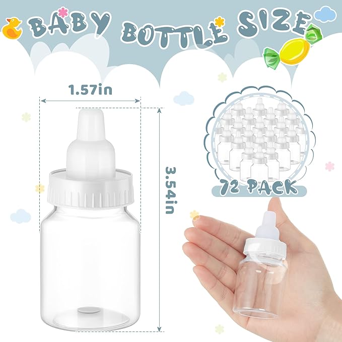 Tessco for you 72 Pcs 3.5 Inch Baby Bottles for Baby Shower Mini Plastic Bottle Party Favor Clear Candy Box for Guests Gift (White)