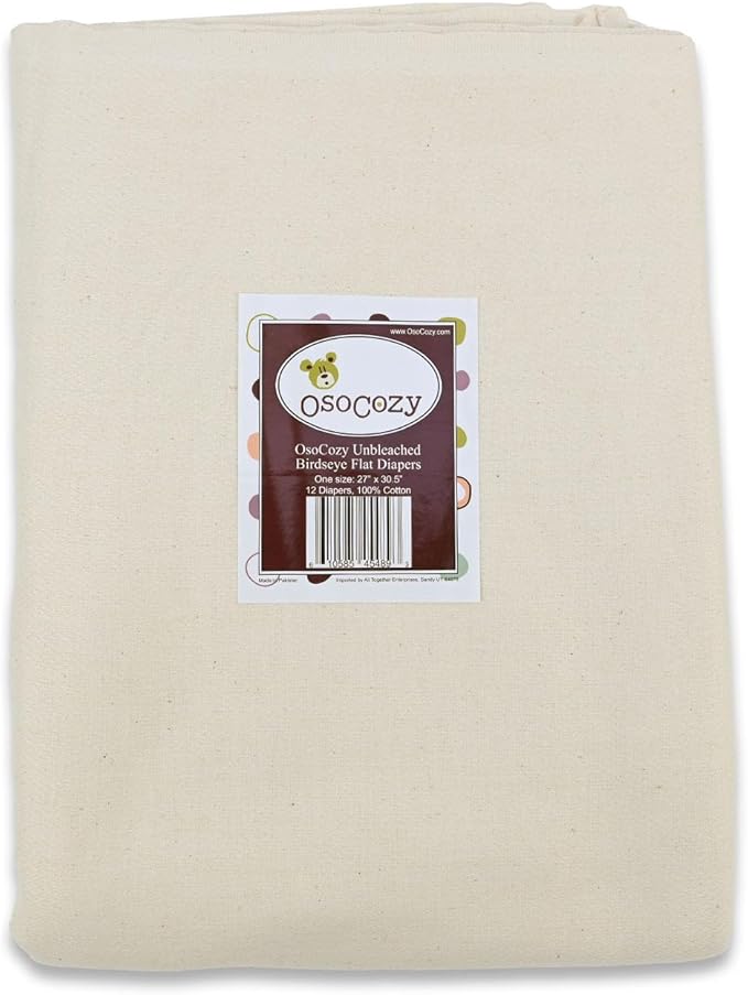 OsoCozy Unbleached Birdseye Flat Cloth Diapers (1 Dozen) - 27.5 x 30.5 Inches, One-Layer Flat Cloth Baby Nappies Made of Soft, Durable 100% Birdseye Weave Cotton