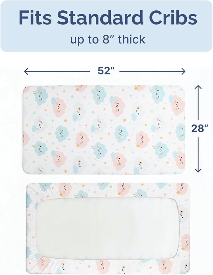 Baby Crib Sheets for Boys & Girls - Pack of 2 Fitted Microfiber Crib Sheets for Standard Crib & Toddler Mattress - Breathable & Wrinkle Free - Machine Washable - Oeko Tex - 52x28x8in - Happy Clouds