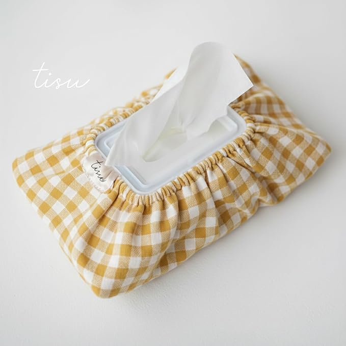 Baby Wipes Cover – Universal Size, One Size Fits All Wipes Packages | Muslin Cotton Tissue Cover for Nursery, Diaper Bag & Changing Table, Station | Gingham & Neutral Patterns (Mustard Yellow Gingham)