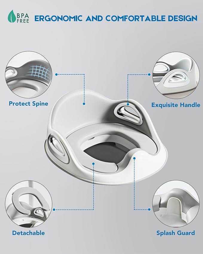 Potty Training Toilet Seat, Toddler Toilet Seat Attachment with Safety Handles, Detachable Soft Cushion, Anti-Slip Design and Splash Guard, Baby Potty Seats for Kids, Boys and Girls (Grey)