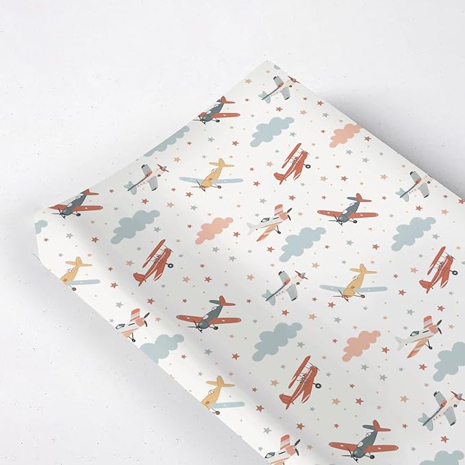 Cartoon Colorful Plane Clouds Stars Pattern Baby Changing Pad Cover, Unisex Plane Nursery Diaper Changing Table Pad Mat Sheet for Boys Girls-16x32
