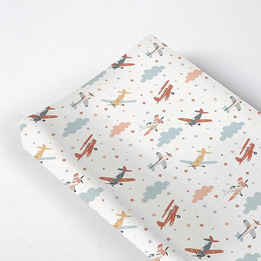Cartoon Colorful Plane Clouds Stars Pattern Baby Changing Pad Cover, Unisex Plane Nursery Diaper Changing Table Pad Mat Sheet for Boys Girls-16x32