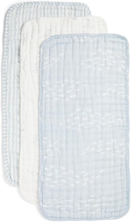 Nana Baby Burp Cloths – 100% Organic Cotton, Oversized & Hypoallergenic, 8-Layer Muslin, Machine Washable, Neutral Unisex Colors, Gentle on Sensitive Skin, Set of 3 (Blue)