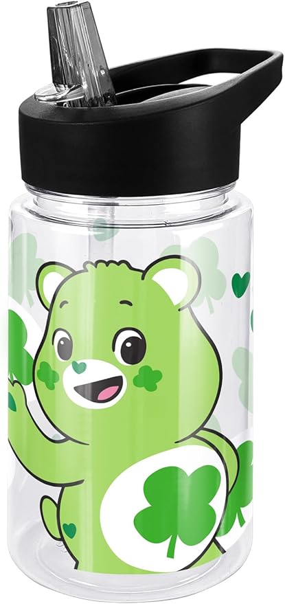 LOGOVISION Care Bears Kids Tritan Plastic Water Bottle with Straw Lid and Handle, Reusable Tumbler for Toddlers, Unisex for Girls and Boys, 12oz, Good Luck Bear Belly Pattern
