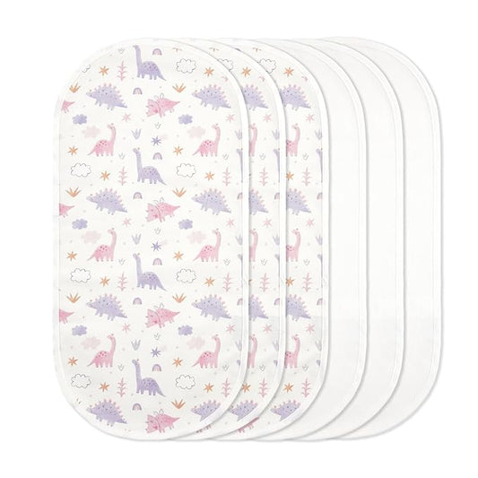 TILLYOU Waterproof Changing Pad Liners 6 Pack, 100% Cotton Reusable Cloth Diaper Liners, Dinosaur