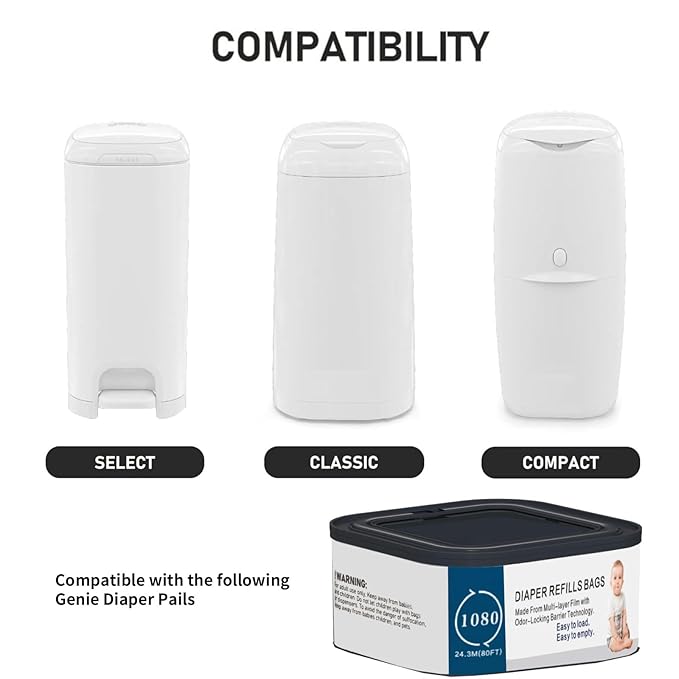 3Pack Jumbo Square Refills Disposal Bags Refill Compatible with Diaper Genie Compact, Classic and Select Pails, with Continuous Film,HoldUp to 1080 Newborn-Sized Diapers Per Refill