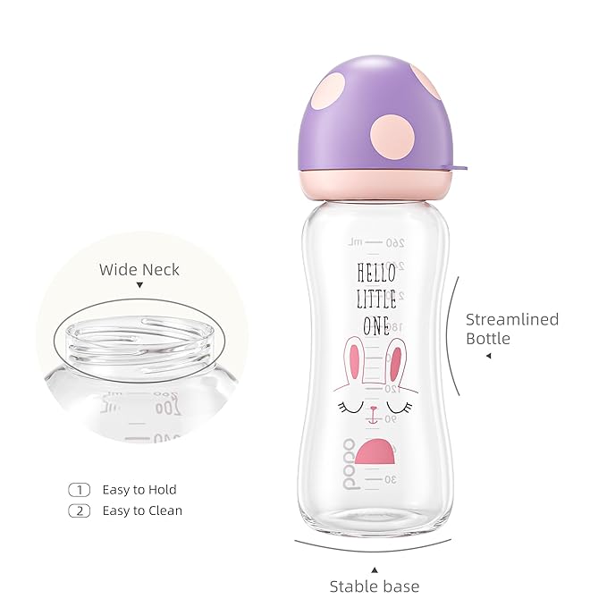 YOHKOH Natural Glass Baby Bottle with Level 2 Medium Flow Nipple, Newborn Anti-Colic Baby Bottles, Wide Neck Mushroom Baby Glass Bottle ((8.8oz (Pack of 2), Purple)