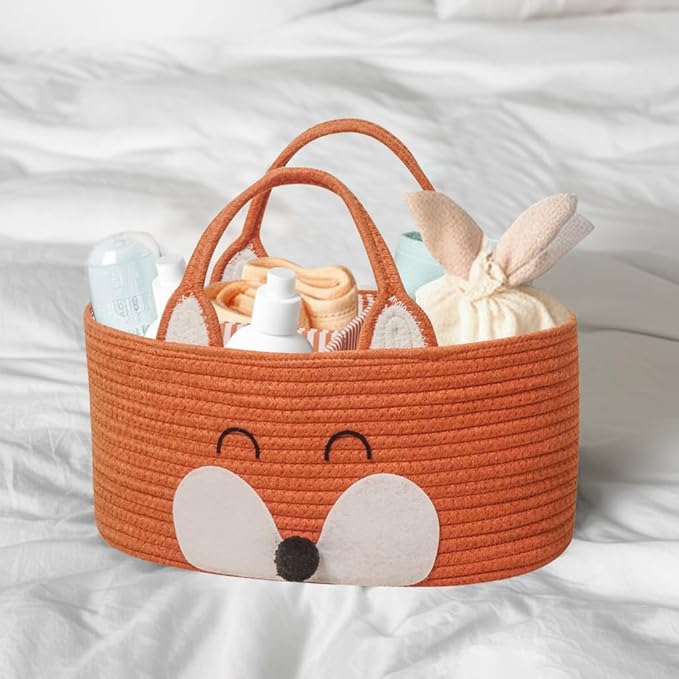 T&T Homewares Diaper Caddy Organizer, Cotton Rope Diaper Caddy Basket, Baby Shower Basket, Nursery Storage Bins, Newborn Caddie- Cat, Fox, Penguin (Orange Fox)