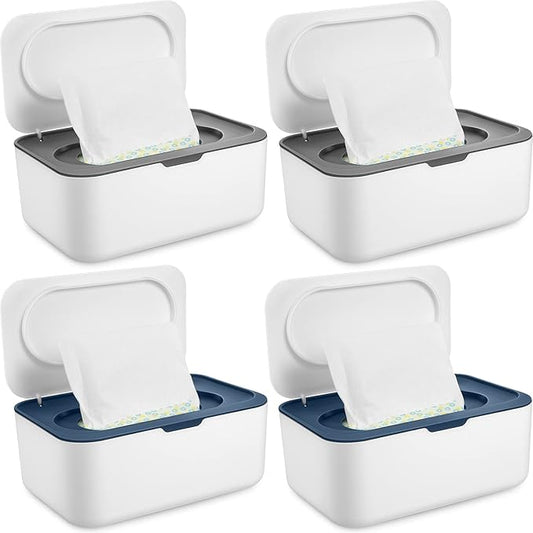 4 Pieces Wipes Dispenser Baby Wipes Case Container Case Wet Wipe Holder with Sealing Design Refillable Baby Wipe Dispenser Easy Open and Close (Blue, Gray)