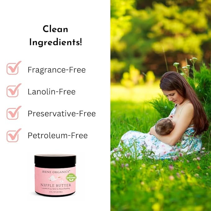 Irene Organics Organic Nipple Balm – Lanolin-Free Nipple Cream for Breastfeeding Moms – Natural Relief for Dry, Cracked Nipples – Safe for Nursing & Pumping, 2oz