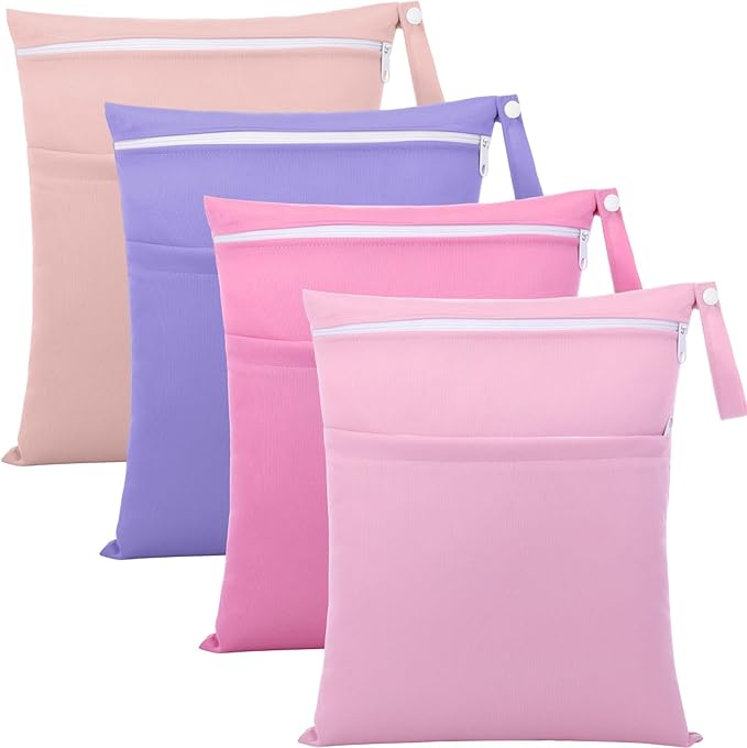 SATINIOR 4 Pack Wet Dry Bags for Baby Cloth Diapers 12x14 Washable Travel Swimsuit Wet Bags Reusable with Two Zippered Pockets for Yoga Gym Swimsuits Travel Beach Pool Soiled Items(Mermaid Color)