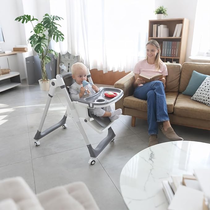 Cochildor 3-in-1 Foldable High Chair for Babies & Toddlers – Adjustable Height, Reclining Seat, 5-Point Safety Harness, Removable Tray, Lockable Wheels, Washable Cushion – Portable & Easy Clean, Gray