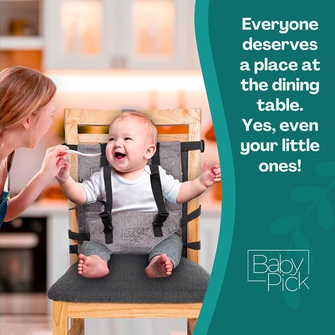 Portable High Chair for Travel by Baby Pick – Harness Seat, Foldable & Lightweight Gear, Adjustable Straps for Babies & Toddlers, Compact & Secure, Machine-Washable, Must-Have Baby Travel Essential