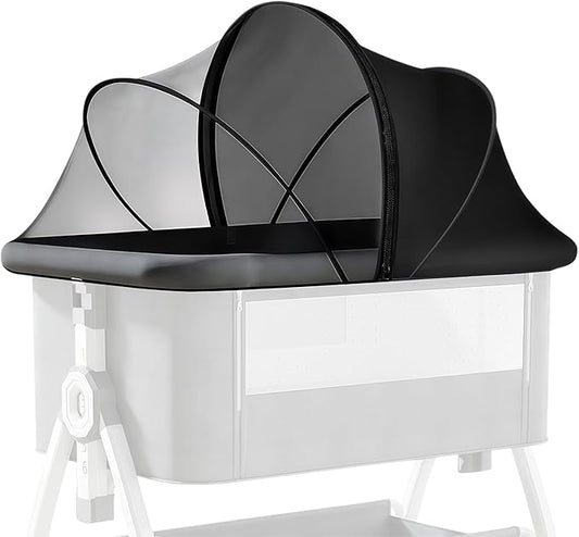 Portable Bassinet Cover for Cats & 2-Way Zipper, Half-Blackout Mosquito Net with Sunshade, Breathable Bassinet Net Cover, Mosquito Net for Baby Crib to Keep Cats Out （Black）