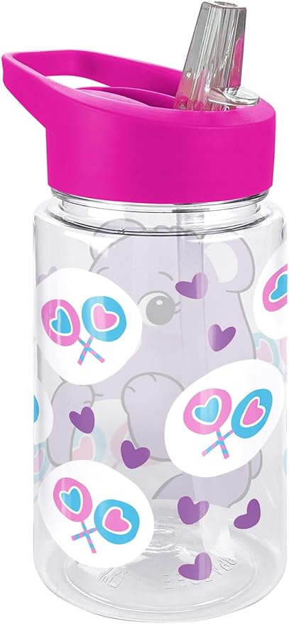 LOGOVISION Care Bears Kids Tritan Plastic Water Bottle with Straw Lid and Handle, Reusable Tumbler for Toddlers, Unisex for Girls and Boys, 12oz, Share Bear Belly Pattern