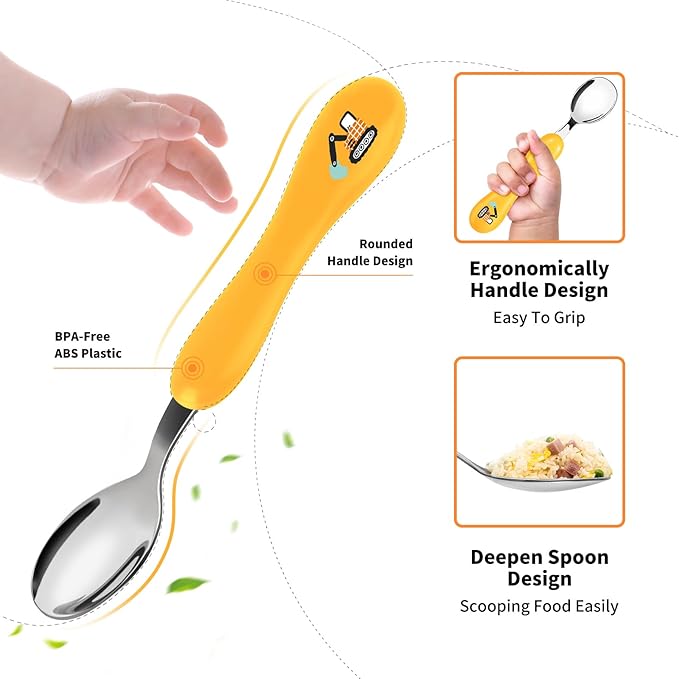 Lehoo Castle 6 Pieces Toddler Utensils, Kids Silverware for 2 3 4 Years Old, Stainless Steel Fork and Spoon Set with Plastic Handle, Safe Toddler Cutlery (Engineering Vehicle)