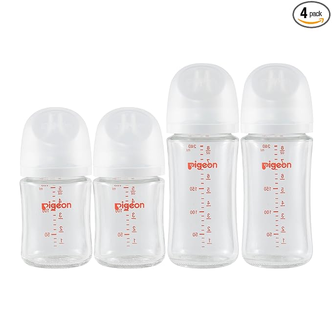 Pigeon Glass Nursing Baby Bottle Wide Neck(Pack of 4), Streamlined Body, Natural Feel, Easy to Clean, Heat-Resistant, 5.4Oz and 8.1 Oz