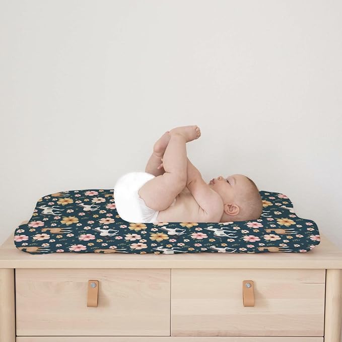 Watercolor Horse Boho Floral Changing Pad Cover Cute Horses Baby Diaper Change Table Pad Cover for Boys Girls Soft Breathable Stretch Snug Fitted Diaper Changing Mat Sheets Covers 32''x16'' Navy