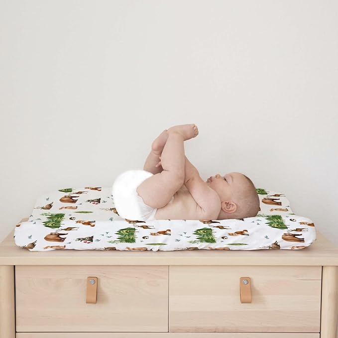 Cartoon Animals Baby Changing Pad Covers Cute Bear Deer Hedgehog Rabbit Birds Trees Mountain Diaper Change Table Pad Cover for Boys Girls Soft Stretchy Fitted Changing Mat Sheets 32''x16''