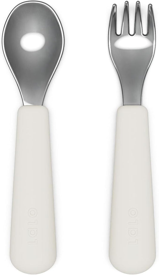 Lalo Utensils - Toddler Fork and Spoon Set - Stainless Steel and Silicone Ergonomic Toddler Utensils - Children Safe Flatware Set - 2 Pieces - Oatmeal