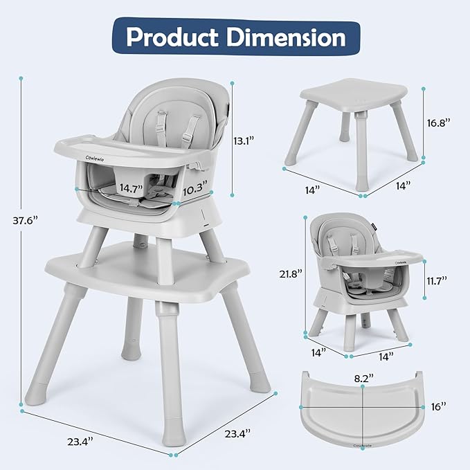 Cowiewie 8 in 1 Baby High Chair for Babies & Toddlers Table and Chair Set Building Block Table Highchair with Safety Harness, Removable Tray（Wavy）