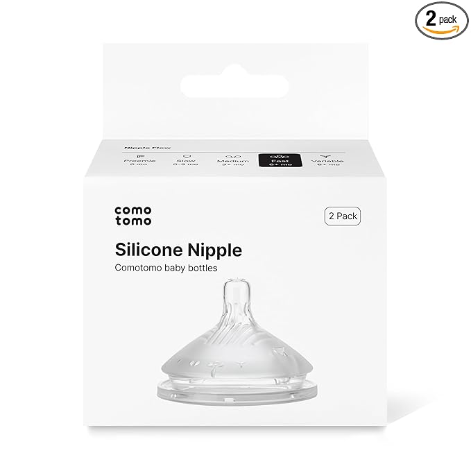 Comotomo Silicone Replacement Nipples for Baby Bottle Gen 2 (2026 Release) - Soft, Silicone Nipples with Dual Anti-Colic Vents Designed for Natural Latch (Pack of 2), Fast Flow (6+ Months)