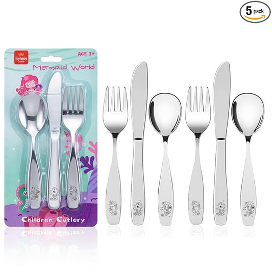 Lehoo Castle Kids Silverware 6-Piece | Stainless Steel Toddler Utensils with Spoons and Forks Knife, Children Safe Flatware for Self Feeding (Mermaids)