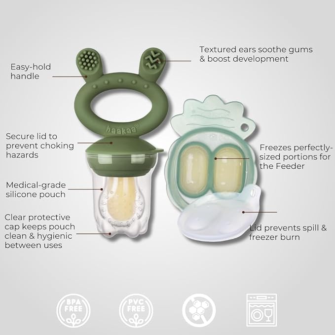 Haakaa Freeze-N-Feed Mini Combo with Silicone Food Feeder & Silicone Mini Nibble Tray|Baby Solid Food Self Feeder|Breastmilk Popsicle Mold Storage & Feeder for Soothing Baby Gums 1 PK