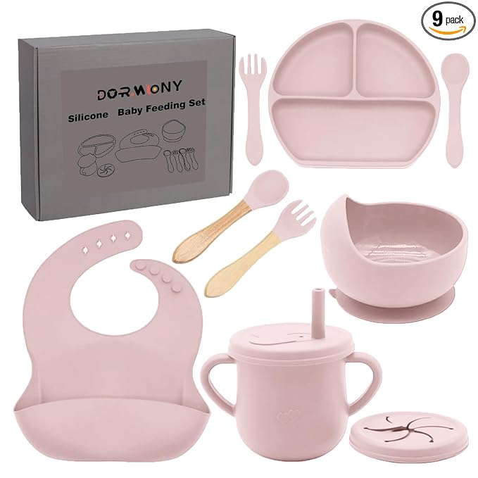 100% Silicone baby feeding set,BPA free Baby dishes set with Suction Bowl Divided Plate,Toddler Self Feeding Dish Set with Spoons Forks Sippy Cup And Bib, Baby Eating Utensils (Lilac)