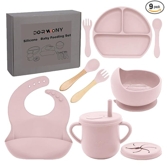 100% Silicone baby feeding set,BPA free Baby dishes set with Suction Bowl Divided Plate,Toddler Self Feeding Dish Set with Spoons Forks Sippy Cup And Bib, Baby Eating Utensils (Lilac)