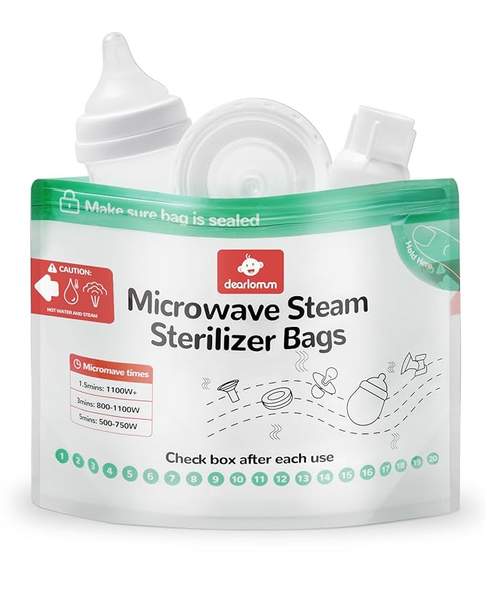 dearlomum Microwave Steam Sterilizer Bag for Baby Bottles 8 Count (20 Uses Per Bag), Reusable Travel Sterilization Pouches, Disinfection Container for Baby Pacifiers and Breast Pump Accessories