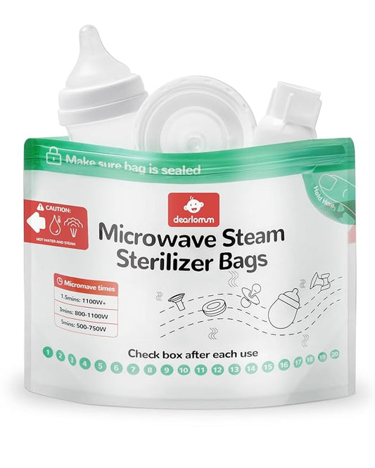 dearlomum Microwave Steam Sterilizer Bag for Baby Bottles 20 Count (20 Uses Per Bag), Reusable Travel Sterilization Pouches, Disinfection Container for Baby Pacifiers and Breast Pump Accessories