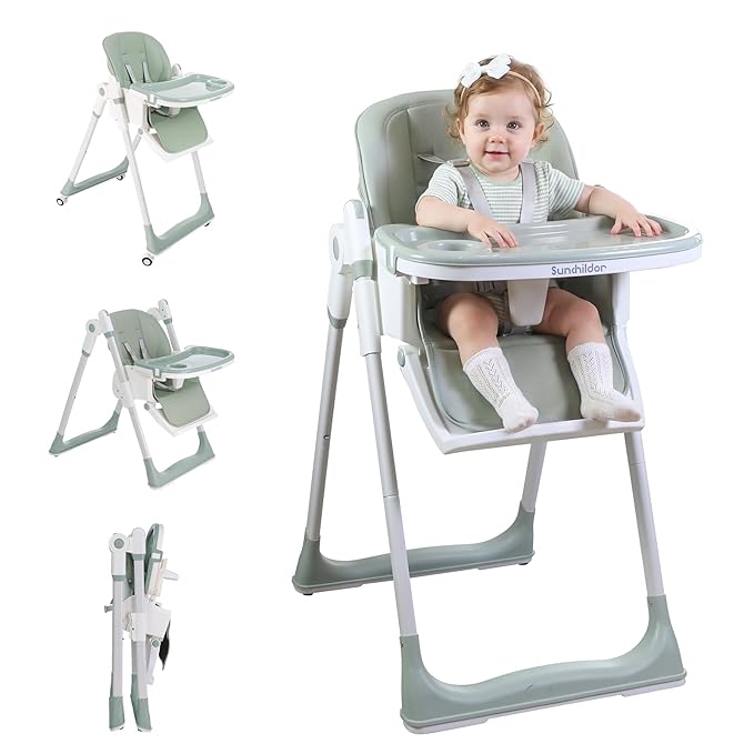 Sunchild 3-in-1 Baby High Chair with Wheels, 5-Point Harness, Tray, Footrest, and Backrest, Foldable and Adjustable for Toddlers 6-36 Months, Green