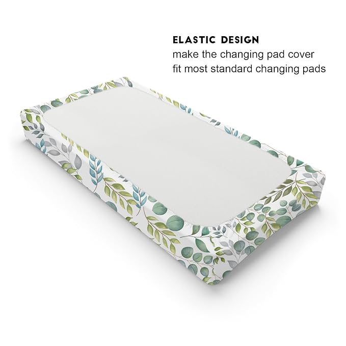 Boho Green Leaves Changing Pad Covers Watercolor Eucalyptus Leaves Diaper Change Table Pad Sheets for Baby Girls and Boys Soft Breathable Stretchy Snug Fitted Changing Mat Cover 32''x16''