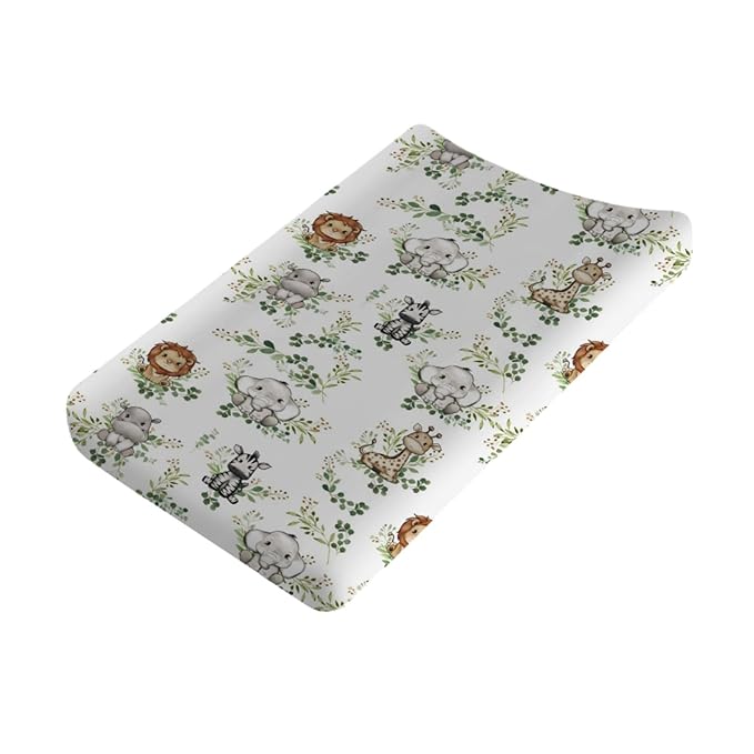 Baby Jungle Safari Animals Green Leaves Changing Pad Covers Elephant Giraffe Zebra Lion Hippo Diaper Change Table Sheets for Girls Boys Soft Stretchy Snug Fitted Changing Mats Cover 32''x16''