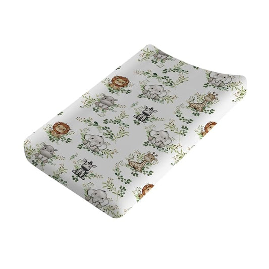 Baby Jungle Safari Animals Green Leaves Changing Pad Covers Elephant Giraffe Zebra Lion Hippo Diaper Change Table Sheets for Girls Boys Soft Stretchy Snug Fitted Changing Mats Cover 32''x16''