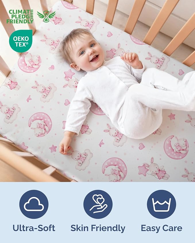 Baby Crib Sheets for Boys & Girls - Pack of 2 Fitted Microfiber Crib Sheets for Standard Crib & Toddler Mattress - Soft, Breathable & Wrinkle Free - Machine Washable, Oeko Tex, 52x28x8in - Bunny Dream