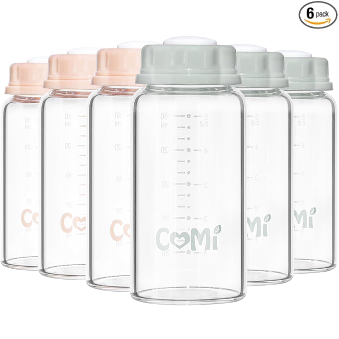 COMI Natural Glass Baby Bottle,Standard Neck Breastmilk Storage Bottle for Fridge,Breast Milk Container,Breast Pump Bottle Compatible with Medela Breast Pump,BPA Free,6PCS (5oz,3 Gray+3 Pink)