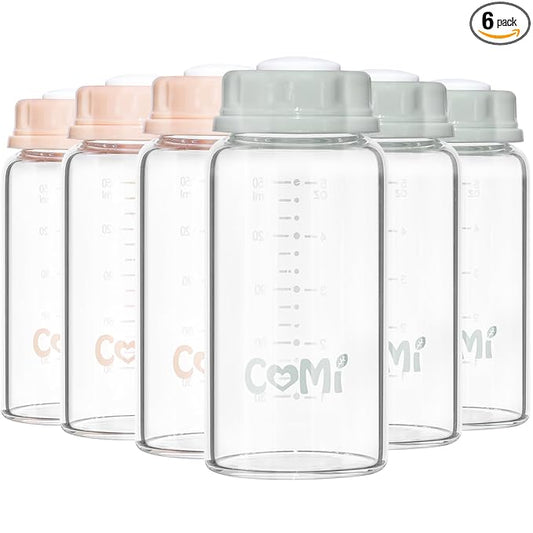 COMI Natural Glass Baby Bottle,Standard Neck Breastmilk Storage Bottle for Fridge,Breast Milk Container,Breast Pump Bottle Compatible with Medela Breast Pump,BPA Free,6PCS (5oz,3 Gray+3 Pink)