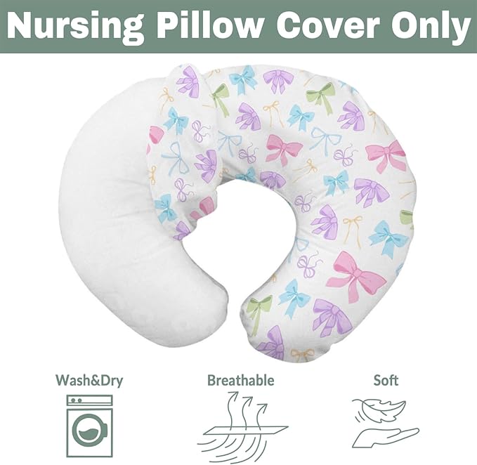 Spring Pastel Bows Baby Nursing Pillow Covers for Boy Girl Colorful Rainbow Bows Nursing Pillow Slipcovers for Breastfeeding Pillows Cute Girly Soft Stretchy Removable Covers for Newborn Infant