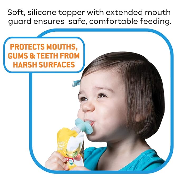 SoftSip Food Pouch Top + Travel Case | Baby Led Weaning | Mess Free No Spill Valve, 100% Silicone, BPA Free | 2 Sets of Aqua Blue SoftSip + Travel case