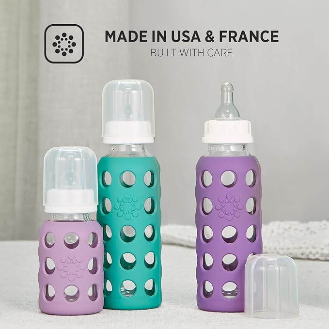 Lifefactory Glass Baby Bottle with Stage 1 Nipple and Protective Silicone Sleeve Blanket 4 Oz