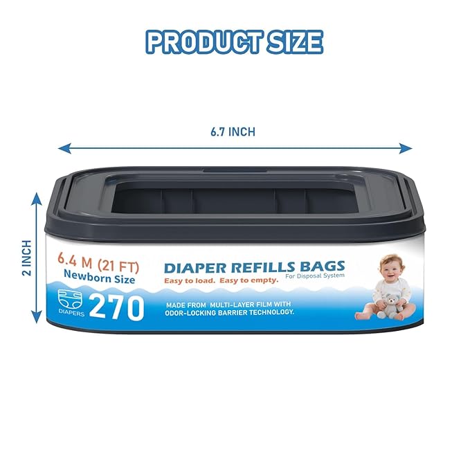 6 Packs Standard Square Refills Disposal Bags Refill Compatible with Diaper Genie Compact, Select Pails, Classic Version Pails, Hold Up to 270 Newborn-Sized Diapers Per Refill
