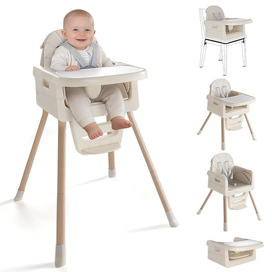 Baby High Chair for 6 Months+, Foldable High Chairs for Babies and Toddlers, Convertible High Chair, Adjustable Tray & Footrest, Portable High Chair & Easy to Clean(White with Wood Grain)